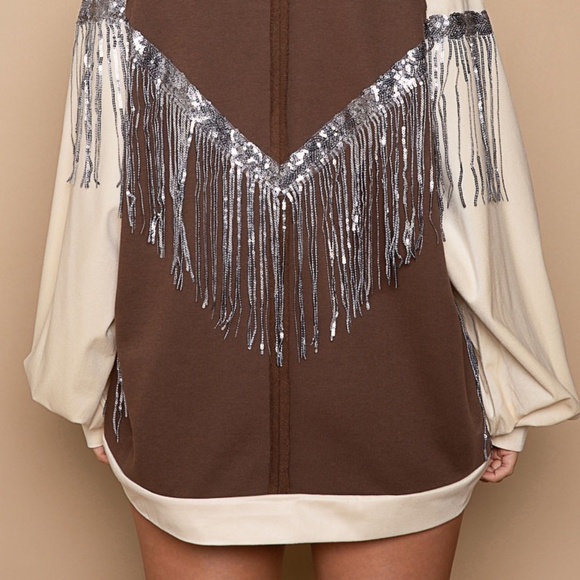 New POL Clothing Endless love Sequin Fringe Sweatshirt Pullover Brown Oversized - Picture 8 of 10